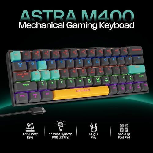 Archer Tech Lab Wired Mechanical Gaming Keyboard| 60% Compact, 63 Keys+ 26 Anti-Ghosting, Blue Switches Tactile Feedback, 17 RGB Effects, 50 Million Clicks for Laptop Mac PS4 PS5 Xbox (Astra M400) - Image 2