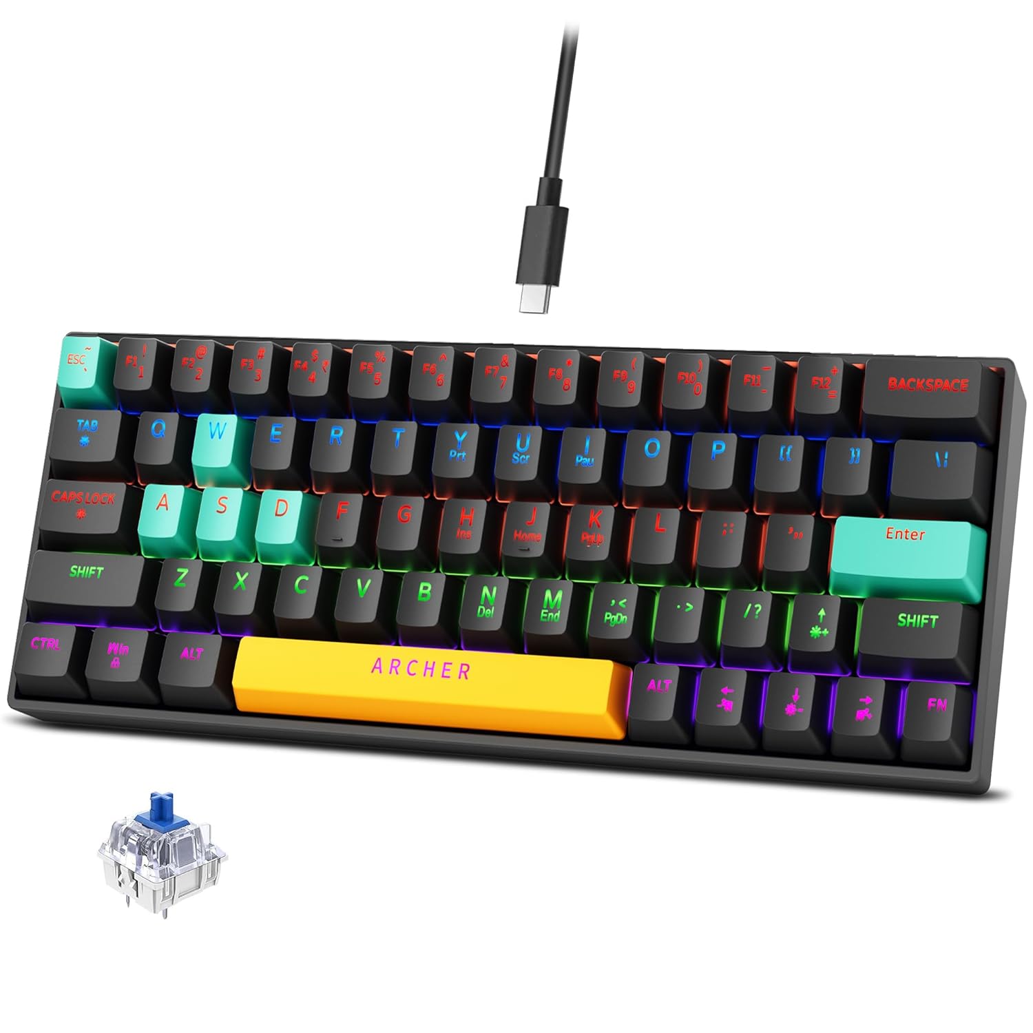 Archer Tech Lab Wired Mechanical Gaming Keyboard| 60% Compact, 63 Keys+ 26 Anti-Ghosting, Blue Switches Tactile Feedback, 17 RGB Effects, 50 Million Clicks for Laptop Mac PS4 PS5 Xbox (Astra M400)