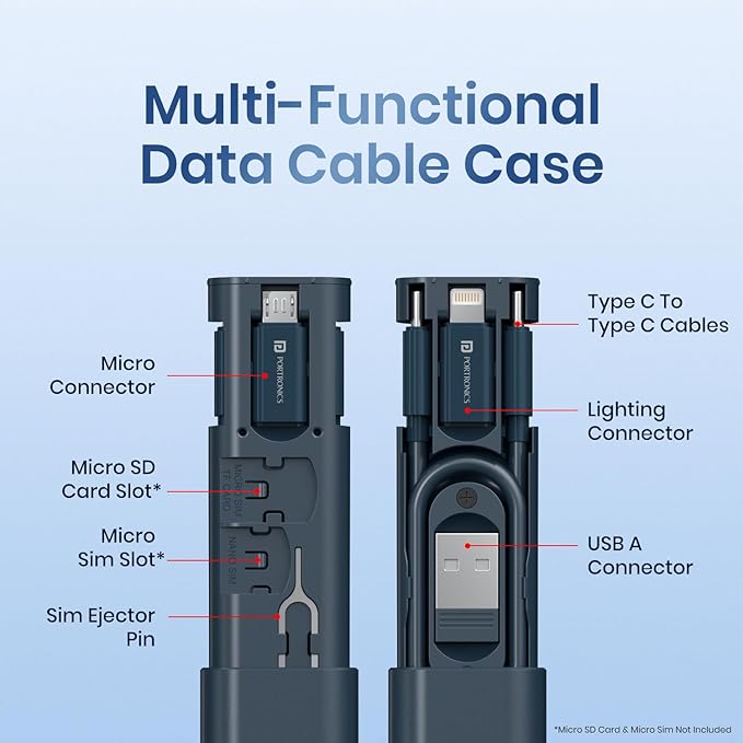 Portronics Snapcase 3 60W Multifunctional Fast Charging Data Cable Kit, Conversion Set USB A & Type C to Male Micro/Type C/Lightning, Data Transfer, Sim Storage, Sim Eject Pin, Pocket Size(Blue) - Image 2